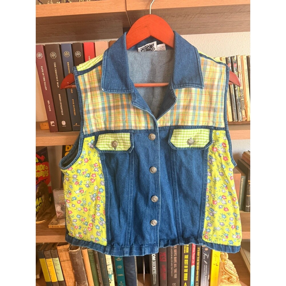 Vintage Shelly & Arnold Patchwork Denim Vest Womens L Floral Gingham Plaid 90s